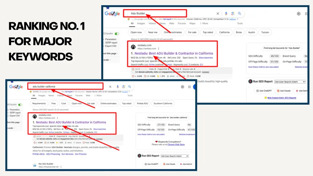 Live Google search results showing client ranking number 1 for major buyer keywords