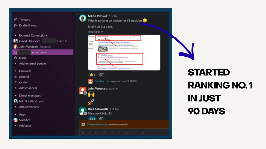 Client Slack message celebrating ranking number 1 in 90 days