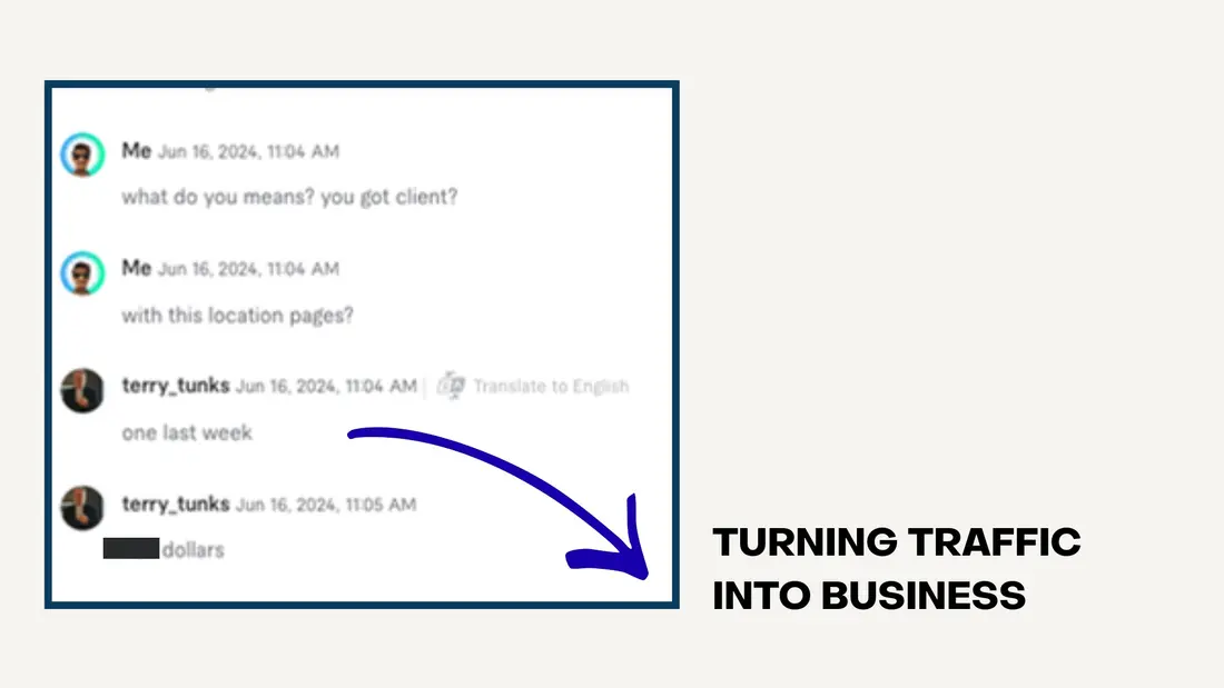 Client chat showing SEO traffic turning into actual paying business